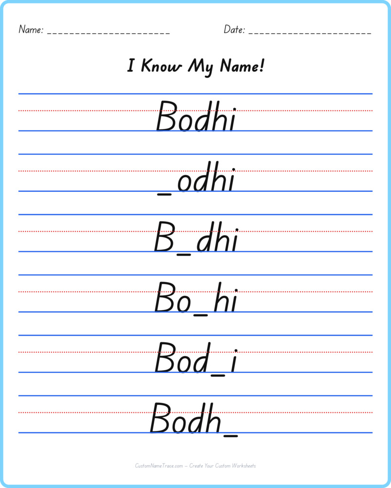 Free Bodhi custom name tracing - fill-in-the-blank free worksheet