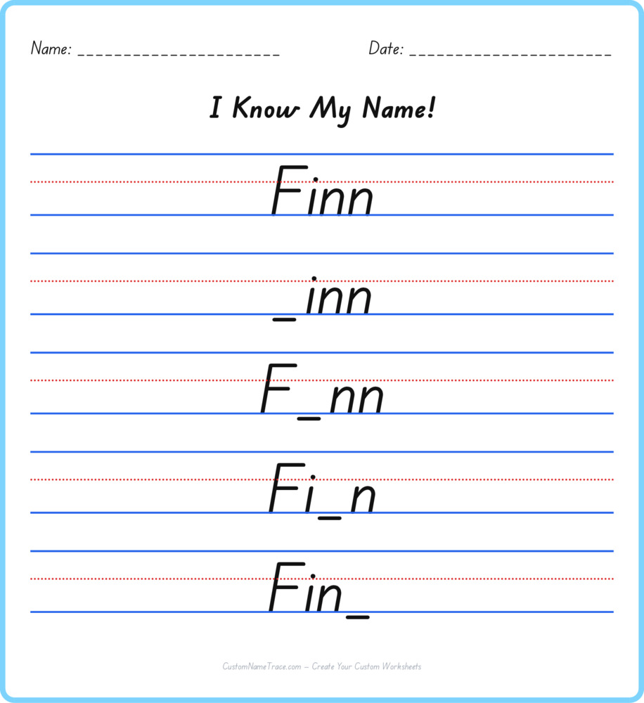 Free Finn custom name tracing - fill-in-the-blank free worksheet