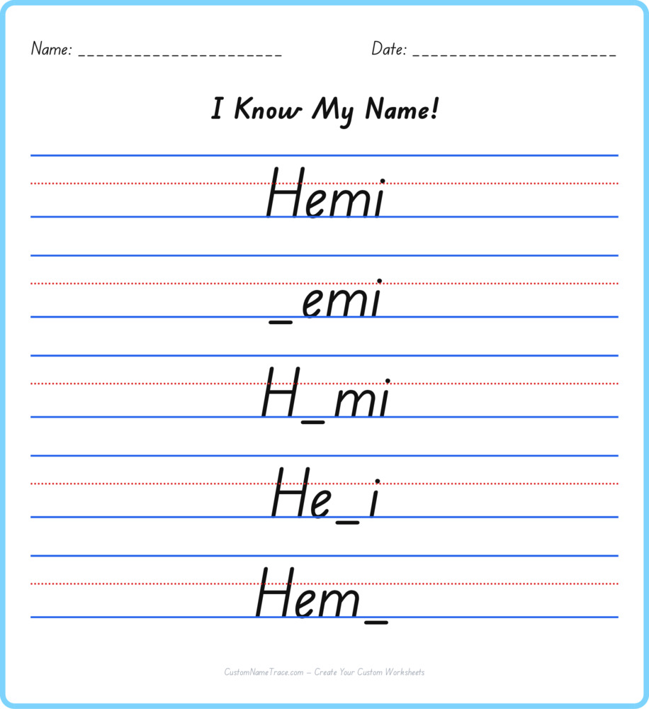 Free Hemi custom name tracing - fill-in-the-blank free worksheet