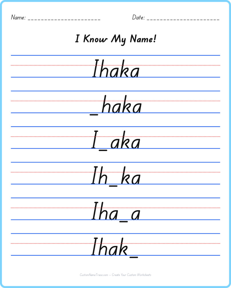 Free Ihaka custom name tracing - fill-in-the-blank free worksheet
