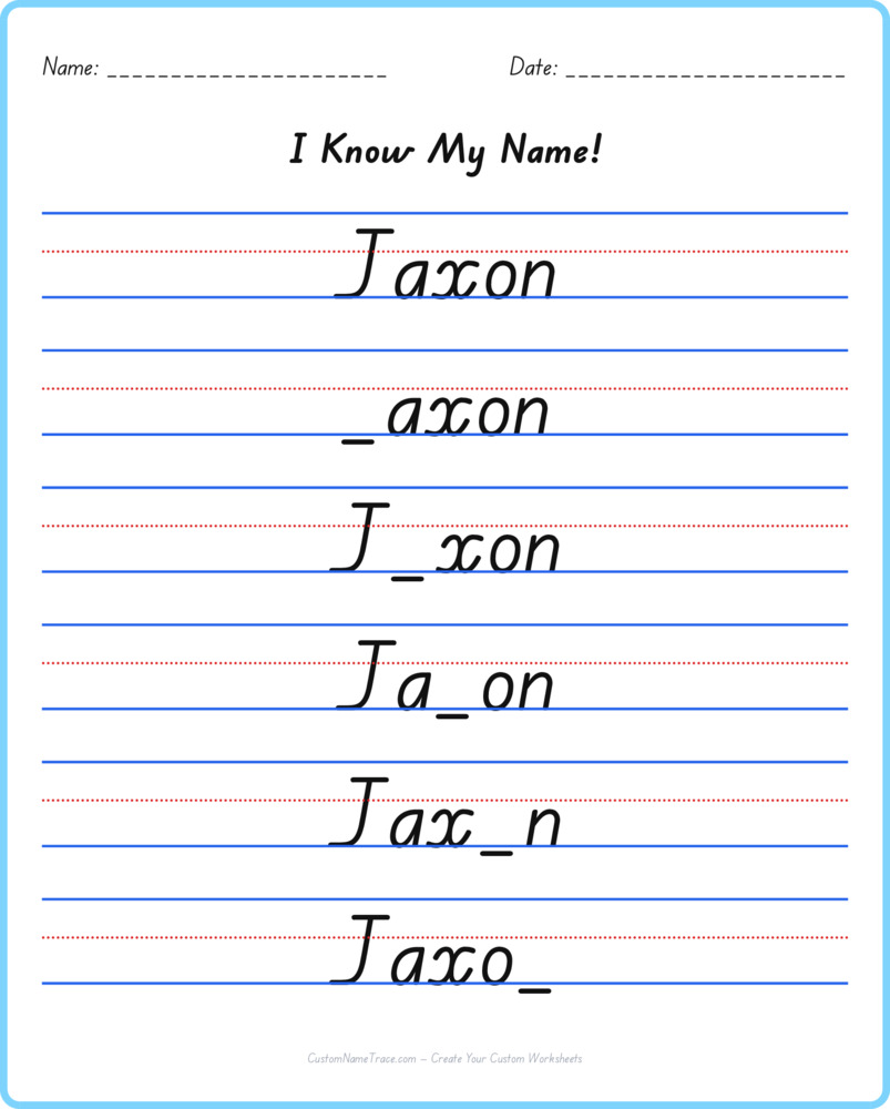 Free Jaxon custom name tracing - fill-in-the-blank free worksheet
