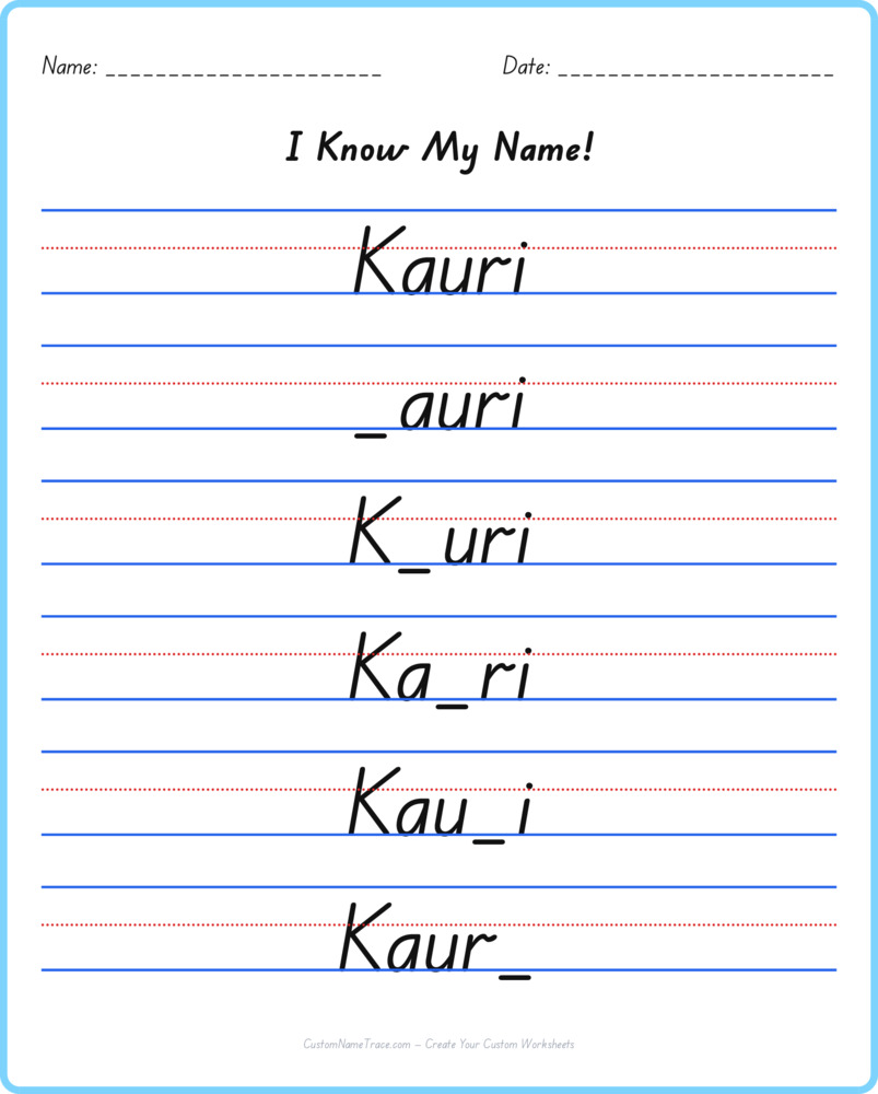 Free Kauri custom name tracing - fill-in-the-blank free worksheet