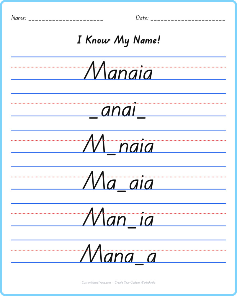 Free Manaia custom name tracing - fill-in-the-blank free worksheet