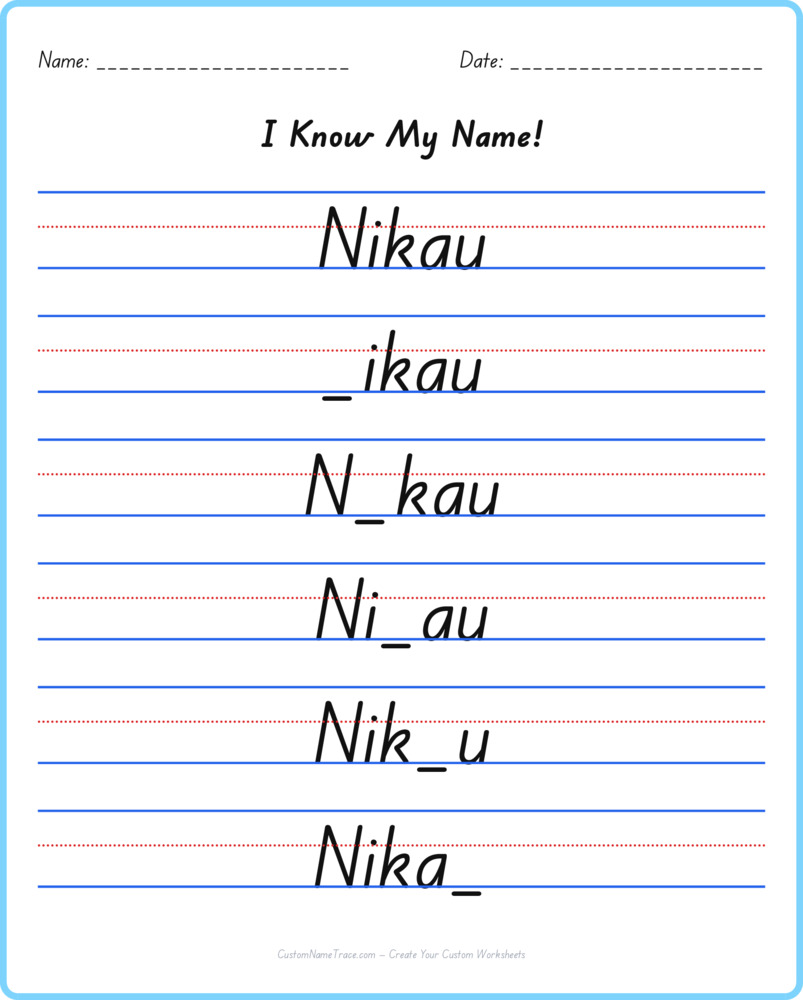 Free Nikau custom name tracing - fill-in-the-blank free worksheet
