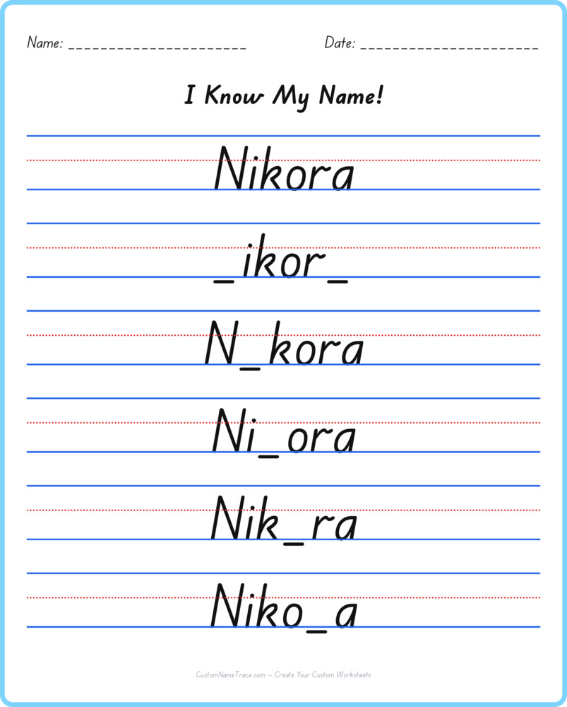 Free Nikora custom name tracing - fill-in-the-blank free worksheet