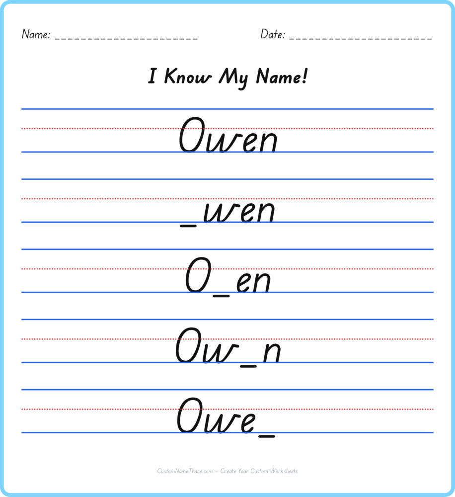 Free Owen custom name tracing - fill-in-the-blank free worksheet
