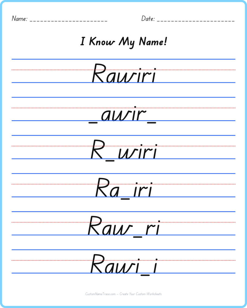Free Rawiri custom name tracing - fill-in-the-blank free worksheet