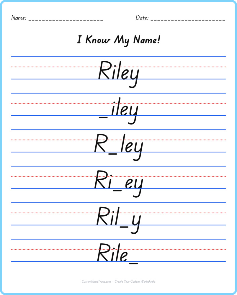 Free Riley custom name tracing - fill-in-the-blank free worksheet