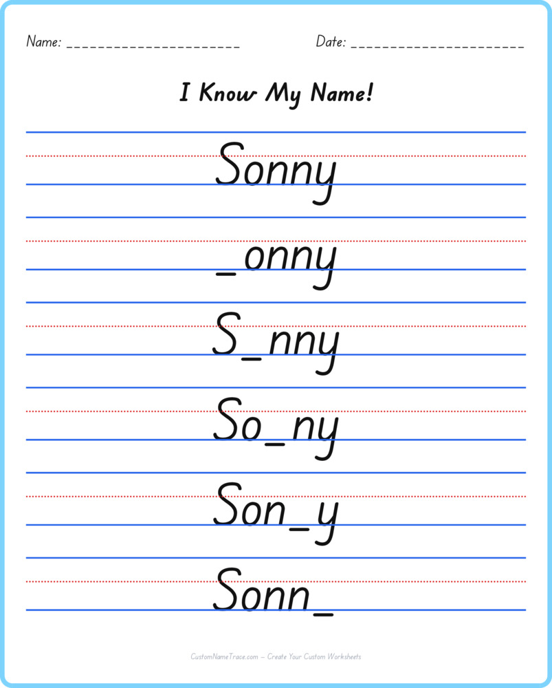 Free Sonny custom name tracing - fill-in-the-blank free worksheet