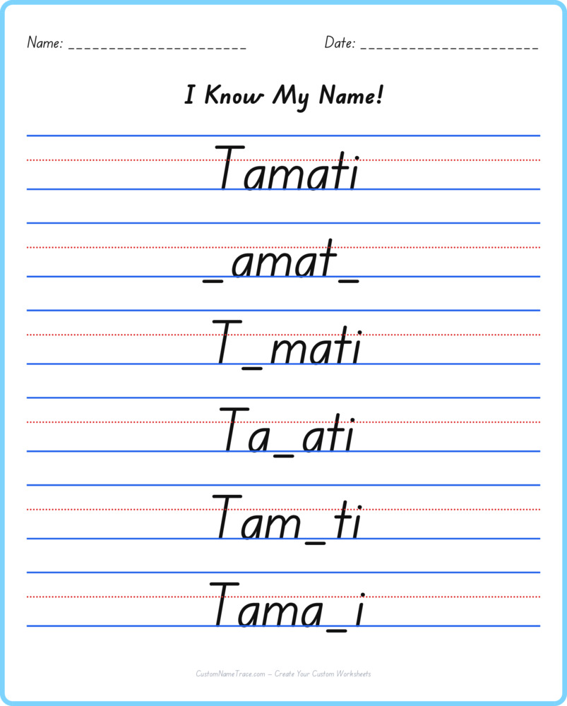 Free Tamati custom name tracing - fill-in-the-blank free worksheet
