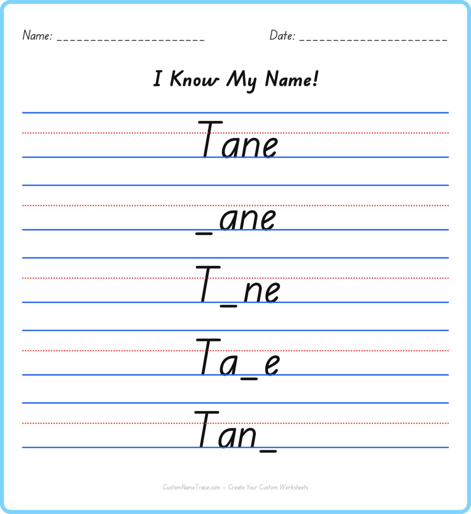 Free Tane custom name tracing - fill-in-the-blank free worksheet