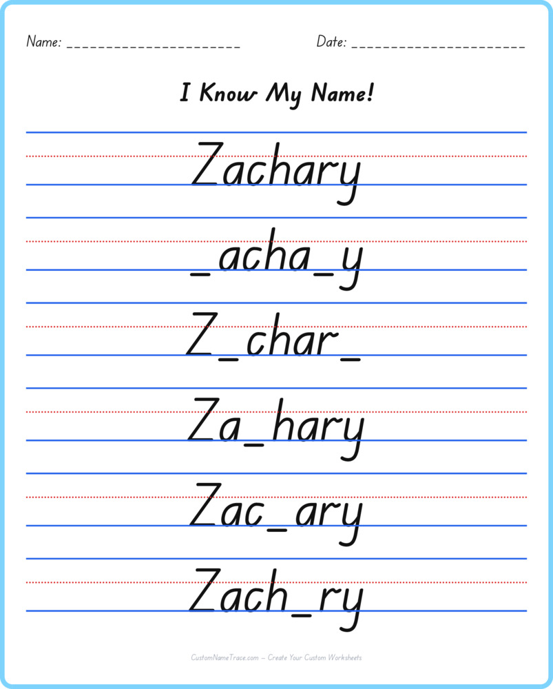Free Zachary custom name tracing - fill-in-the-blank free worksheet