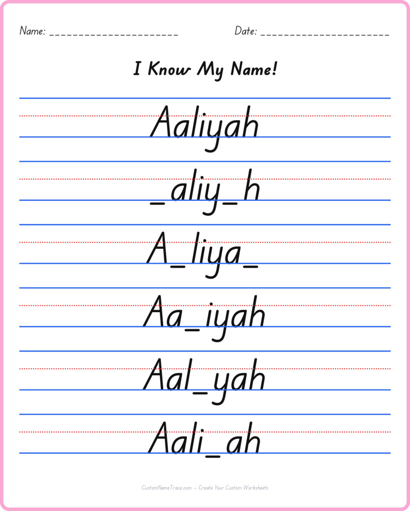Free Aaliyah custom name tracing - fill-in-the-blank free worksheet