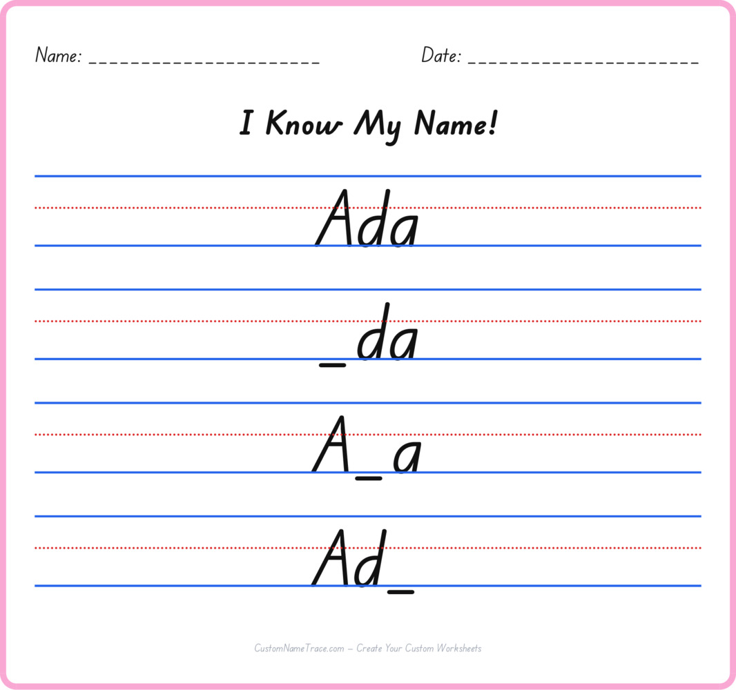 Free Ada custom name tracing - fill-in-the-blank free worksheet