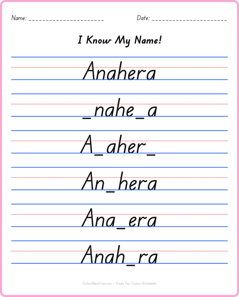 Free Anahera custom name tracing - fill-in-the-blank free worksheet