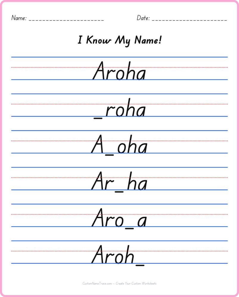 Free Aroha custom name tracing - fill-in-the-blank free worksheet