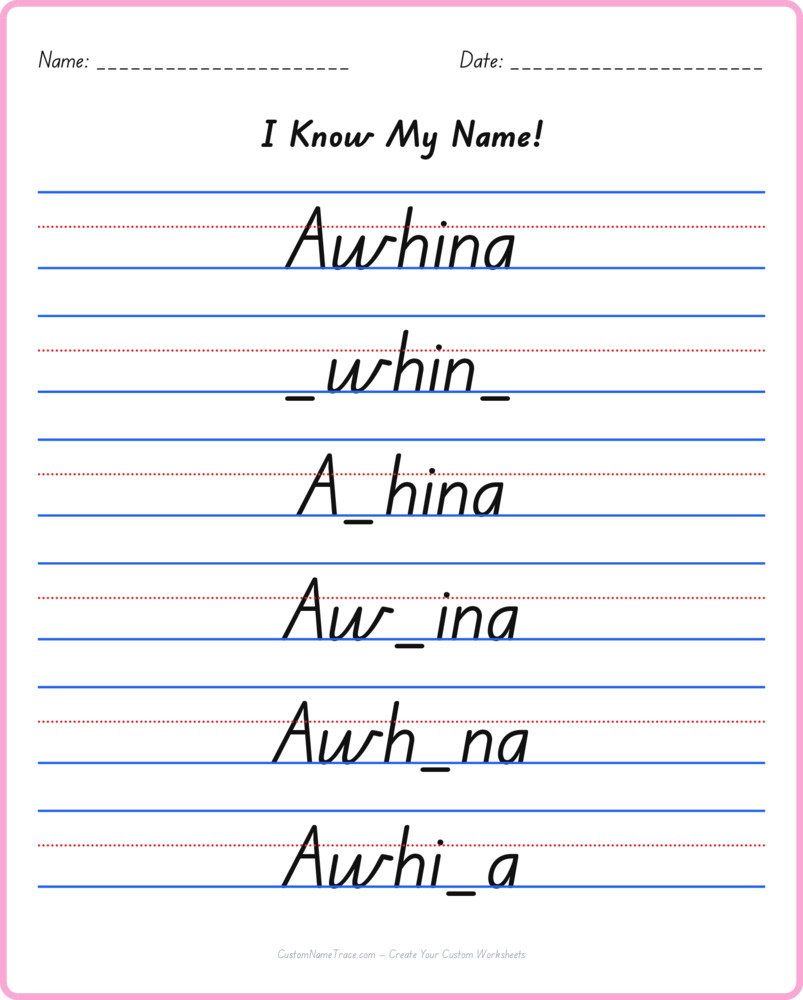 Free Awhina custom name tracing - fill-in-the-blank free worksheet