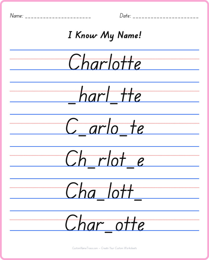 Free Charlotte custom name tracing - fill-in-the-blank free worksheet
