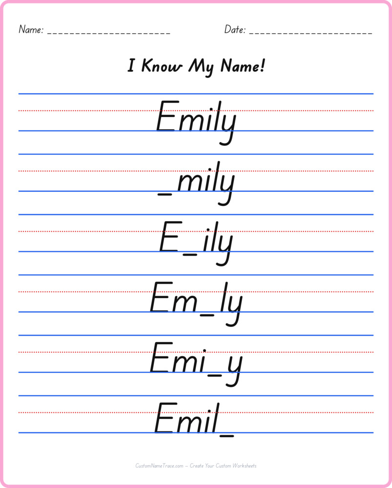 Free Emily custom name tracing - fill-in-the-blank free worksheet