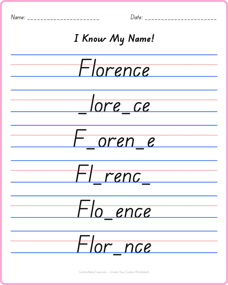 Free Florence custom name tracing - fill-in-the-blank free worksheet