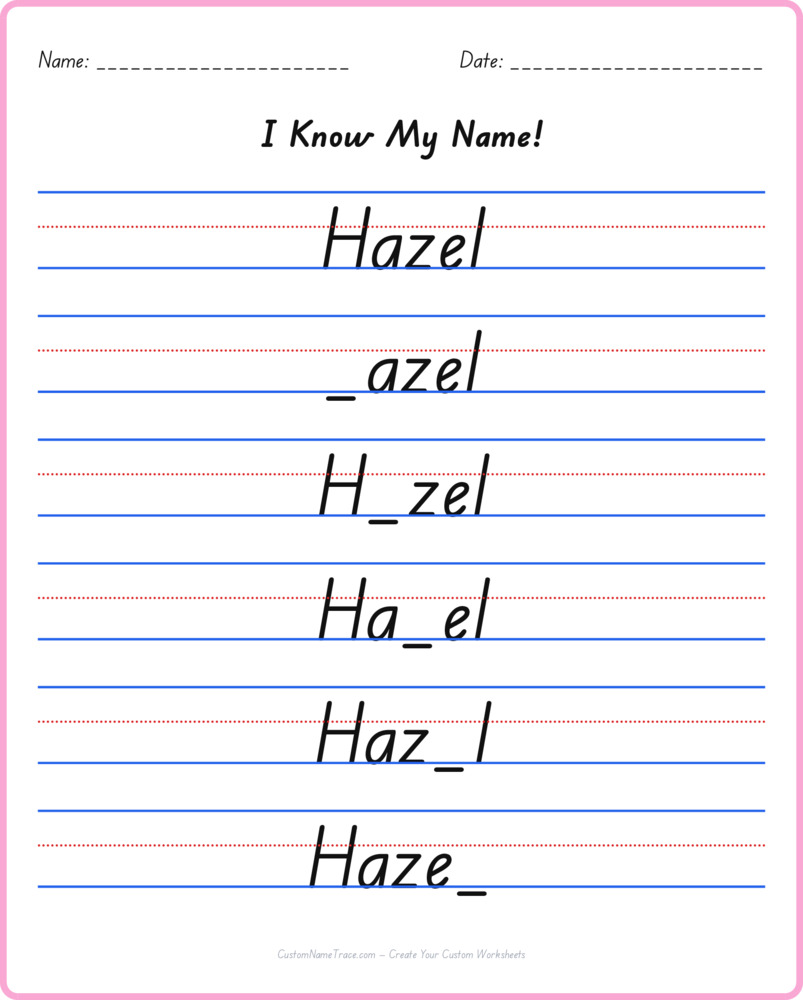 Free Hazel custom name tracing - fill-in-the-blank free worksheet
