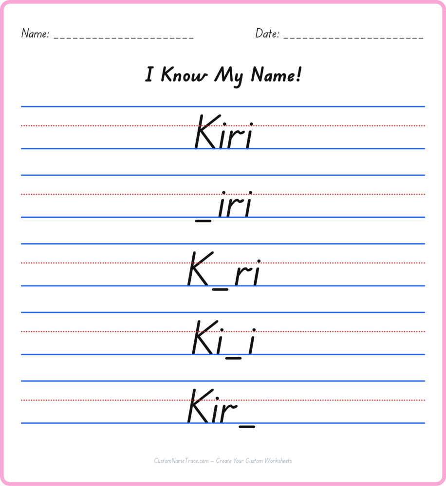 Free Kiri custom name tracing - fill-in-the-blank free worksheet