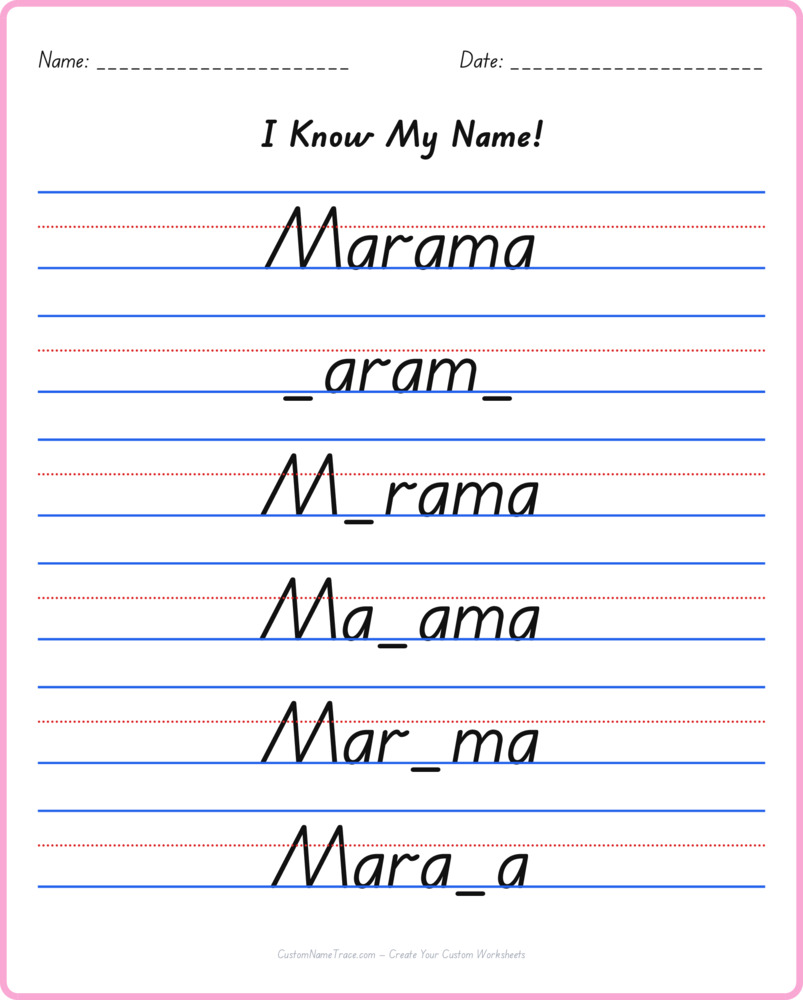 Free Marama custom name tracing - fill-in-the-blank free worksheet