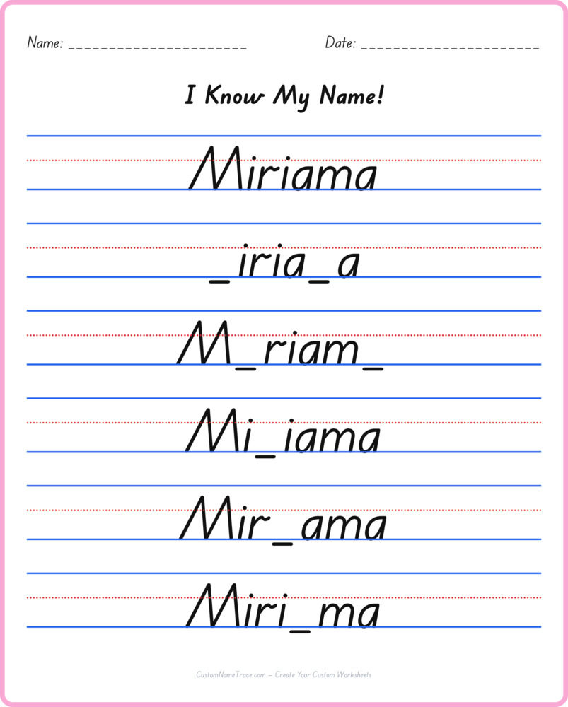 Free Miriama custom name tracing - fill-in-the-blank free worksheet
