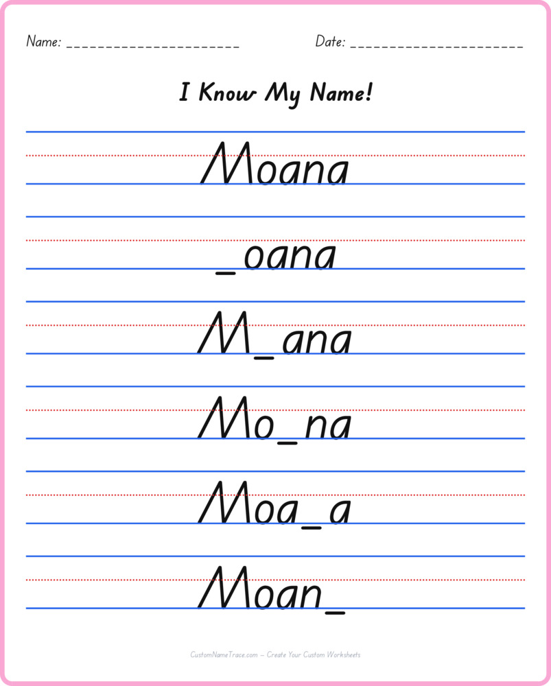 Free Moana custom name tracing - fill-in-the-blank free worksheet