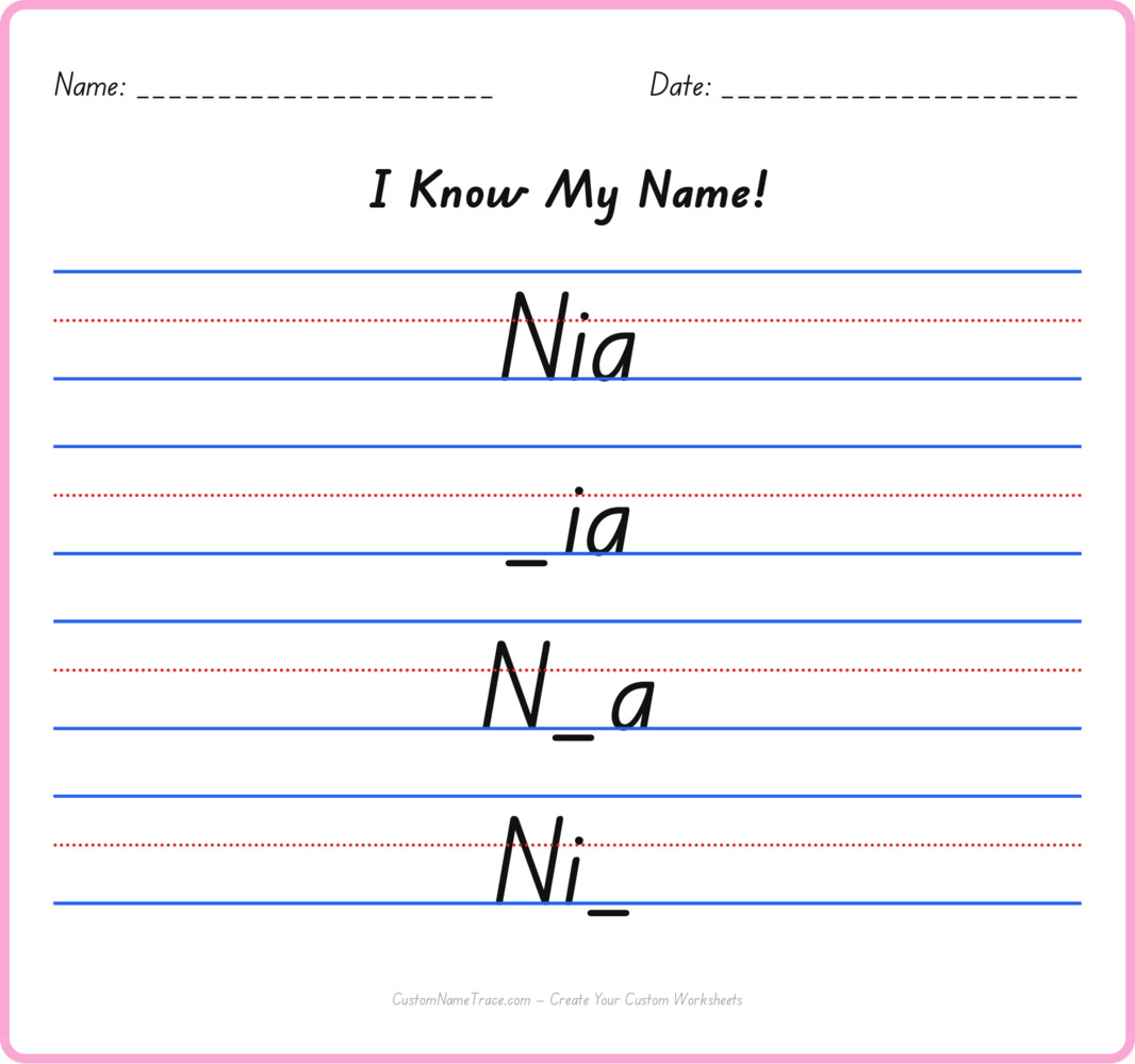 Free Nia custom name tracing - fill-in-the-blank free worksheet