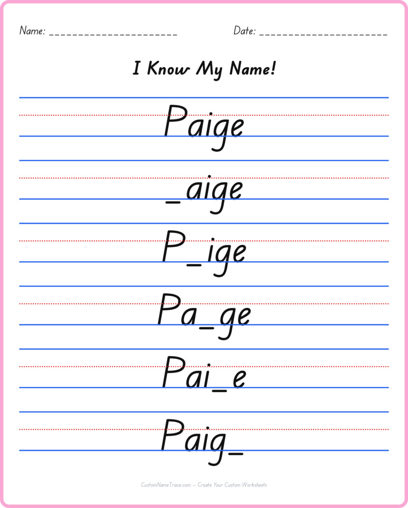 Free Paige custom name tracing - fill-in-the-blank free worksheet