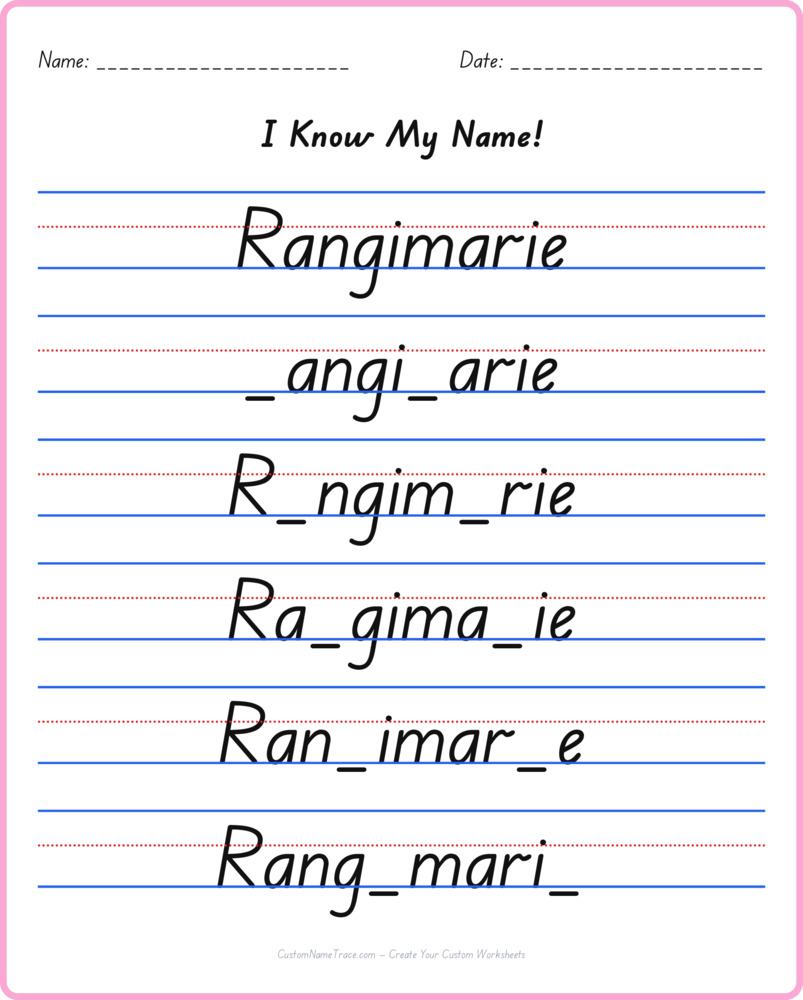 Free Rangimarie custom name tracing - fill-in-the-blank free worksheet