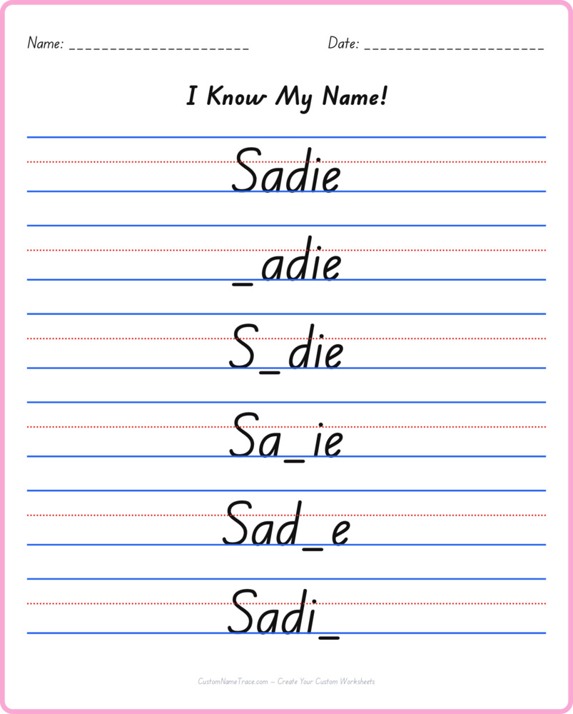 Free Sadie custom name tracing - fill-in-the-blank free worksheet