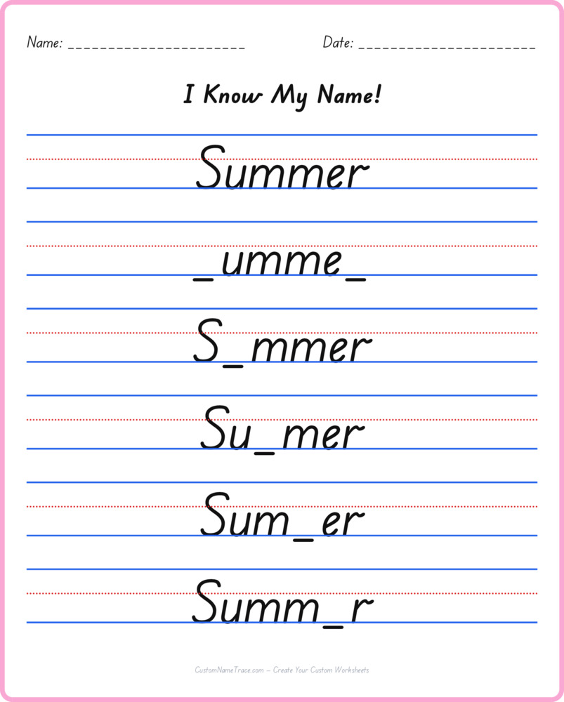 Free Summer custom name tracing - fill-in-the-blank free worksheet