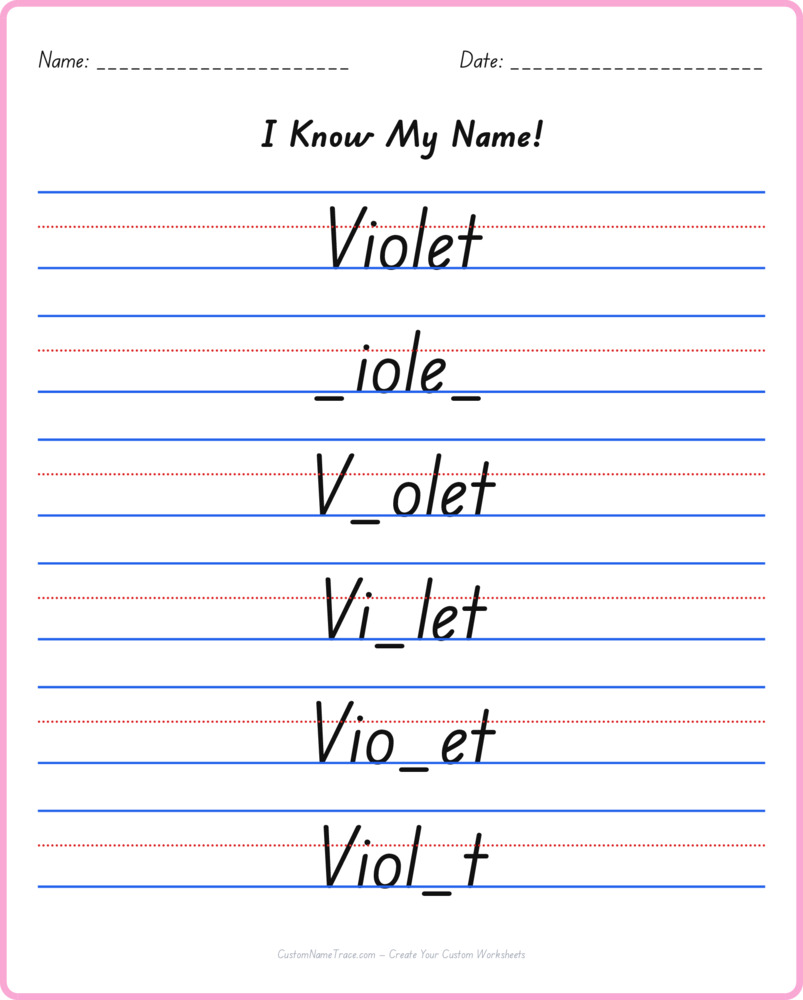 Free Violet custom name tracing - fill-in-the-blank free worksheet