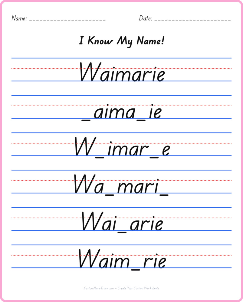 Free Waimarie custom name tracing - fill-in-the-blank free worksheet