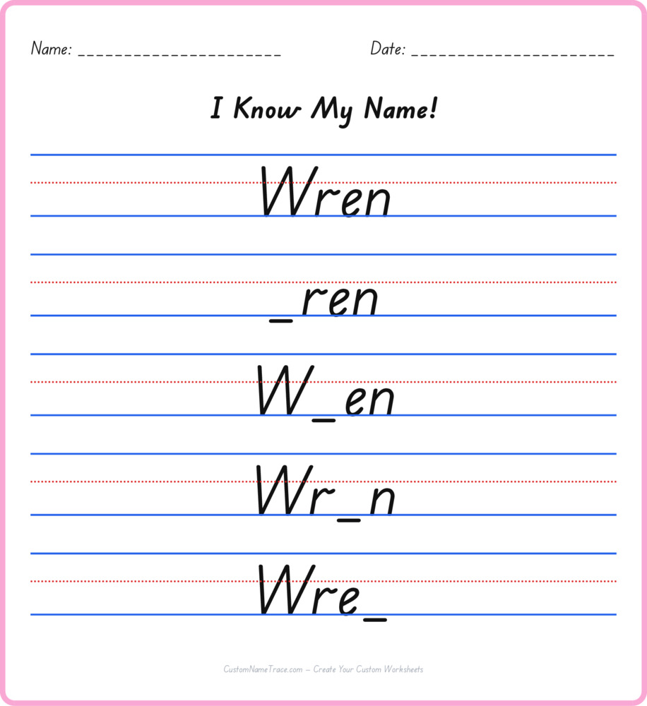Free Wren custom name tracing - fill-in-the-blank free worksheet
