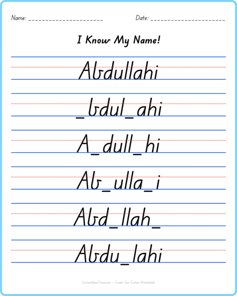 Free Abdullahi custom name tracing - fill-in-the-blank free worksheet