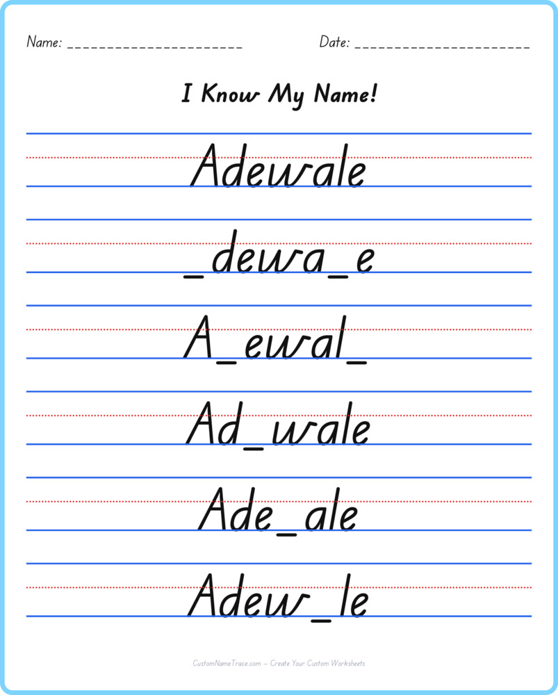 Free Adewale custom name tracing - fill-in-the-blank free worksheet