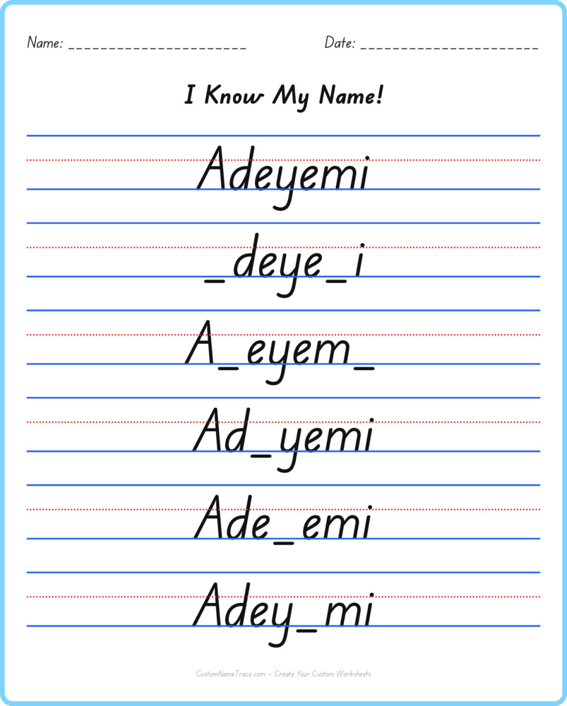 Free Adeyemi custom name tracing - fill-in-the-blank free worksheet
