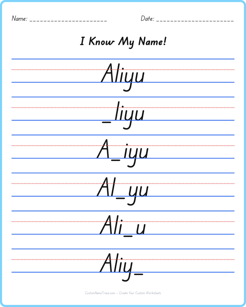 Free Aliyu custom name tracing - fill-in-the-blank free worksheet