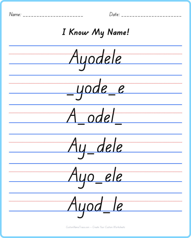 Free Ayodele custom name tracing - fill-in-the-blank free worksheet