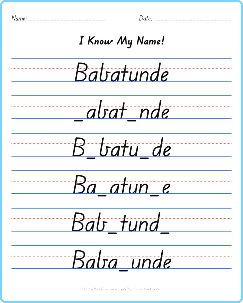 Free Babatunde custom name tracing - fill-in-the-blank free worksheet
