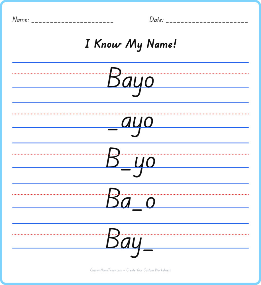 Free Bayo custom name tracing - fill-in-the-blank free worksheet