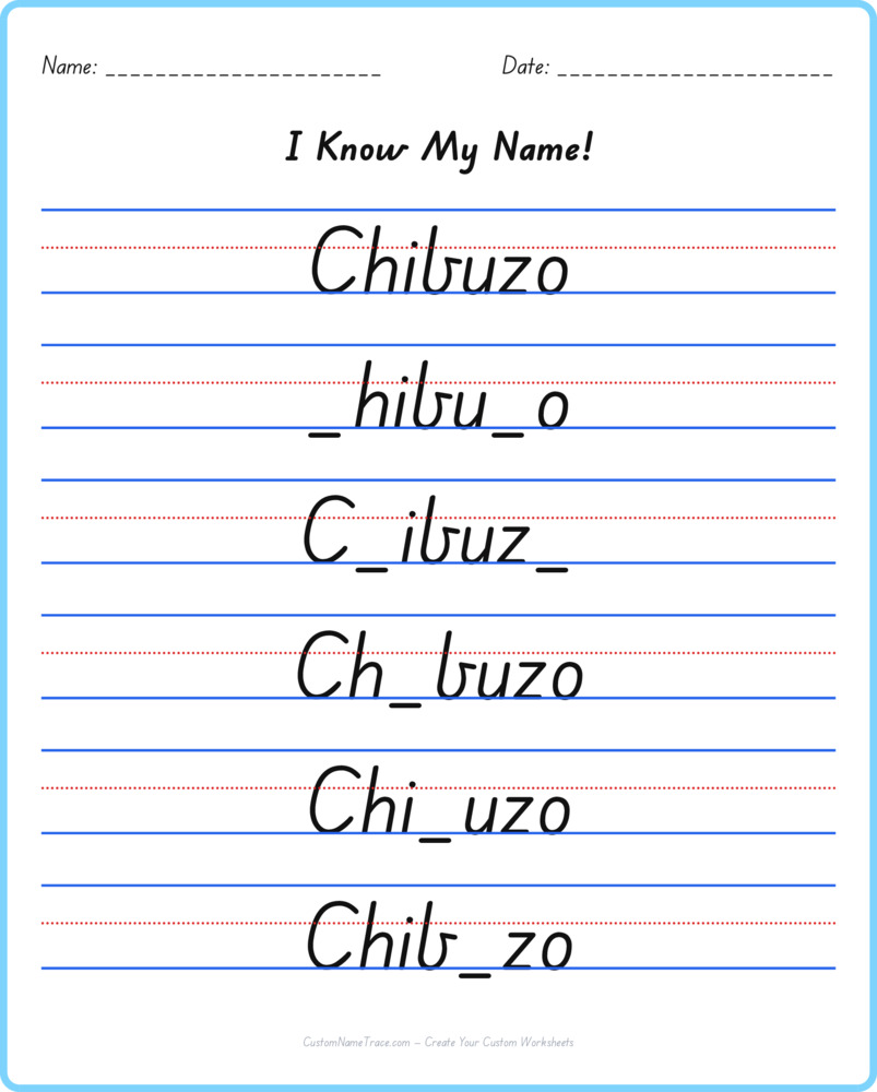 Free Chibuzo custom name tracing - fill-in-the-blank free worksheet