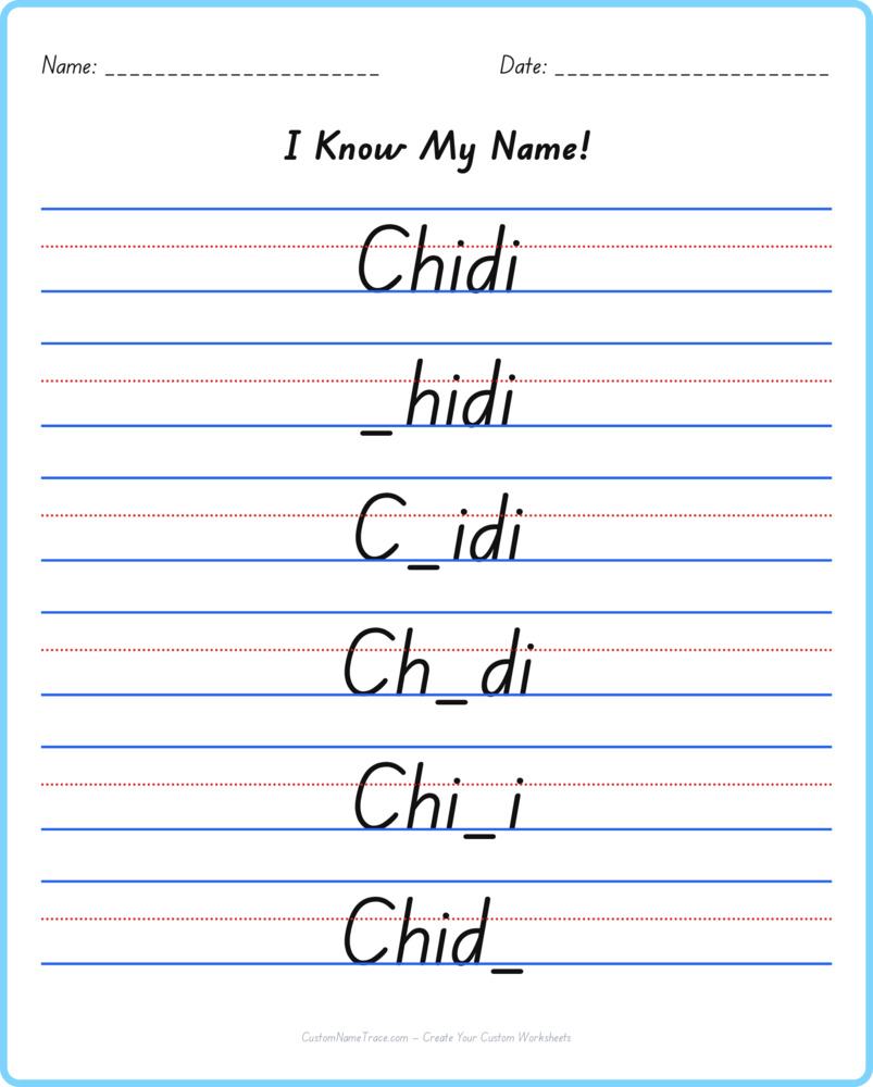 Free Chidi custom name tracing - fill-in-the-blank free worksheet