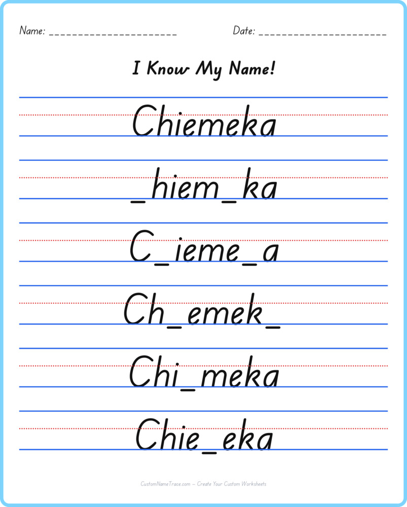 Free Chiemeka custom name tracing - fill-in-the-blank free worksheet