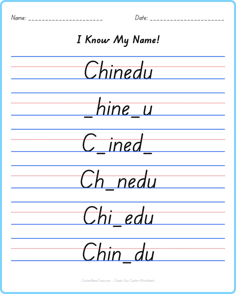 Free Chinedu custom name tracing - fill-in-the-blank free worksheet