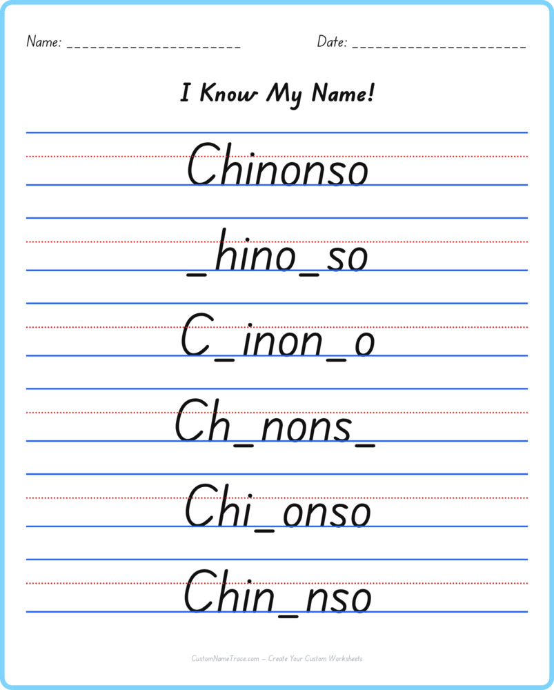 Free Chinonso custom name tracing - fill-in-the-blank free worksheet