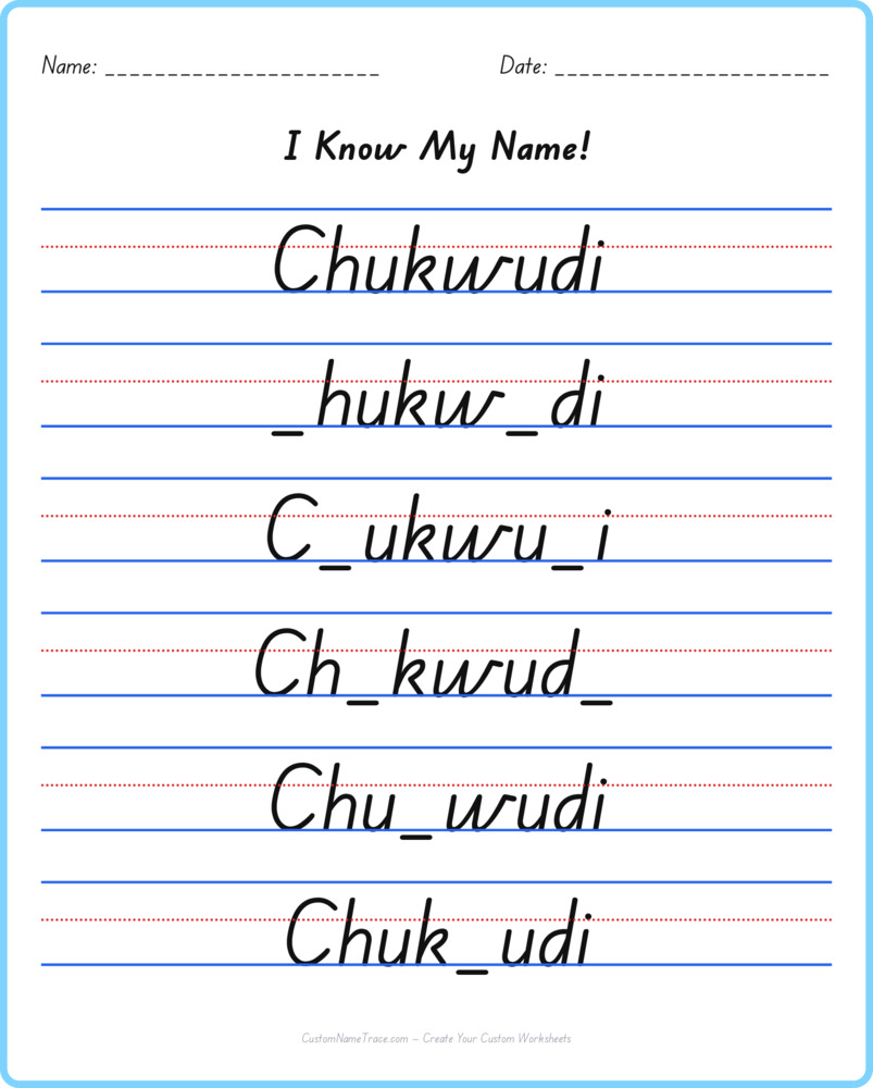 Free Chukwudi custom name tracing - fill-in-the-blank free worksheet